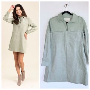 NEW Le Marais Athens Corduroy Quarter Zip Shift Dress in Pistachio Green Sz S